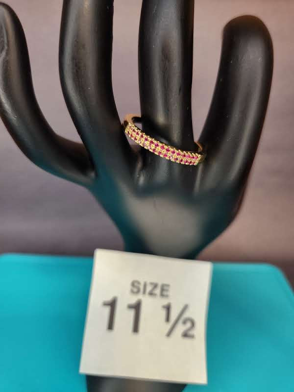 Dark Pink Pavé Crystal Gold Band Size 11 ½ Stainless Steel