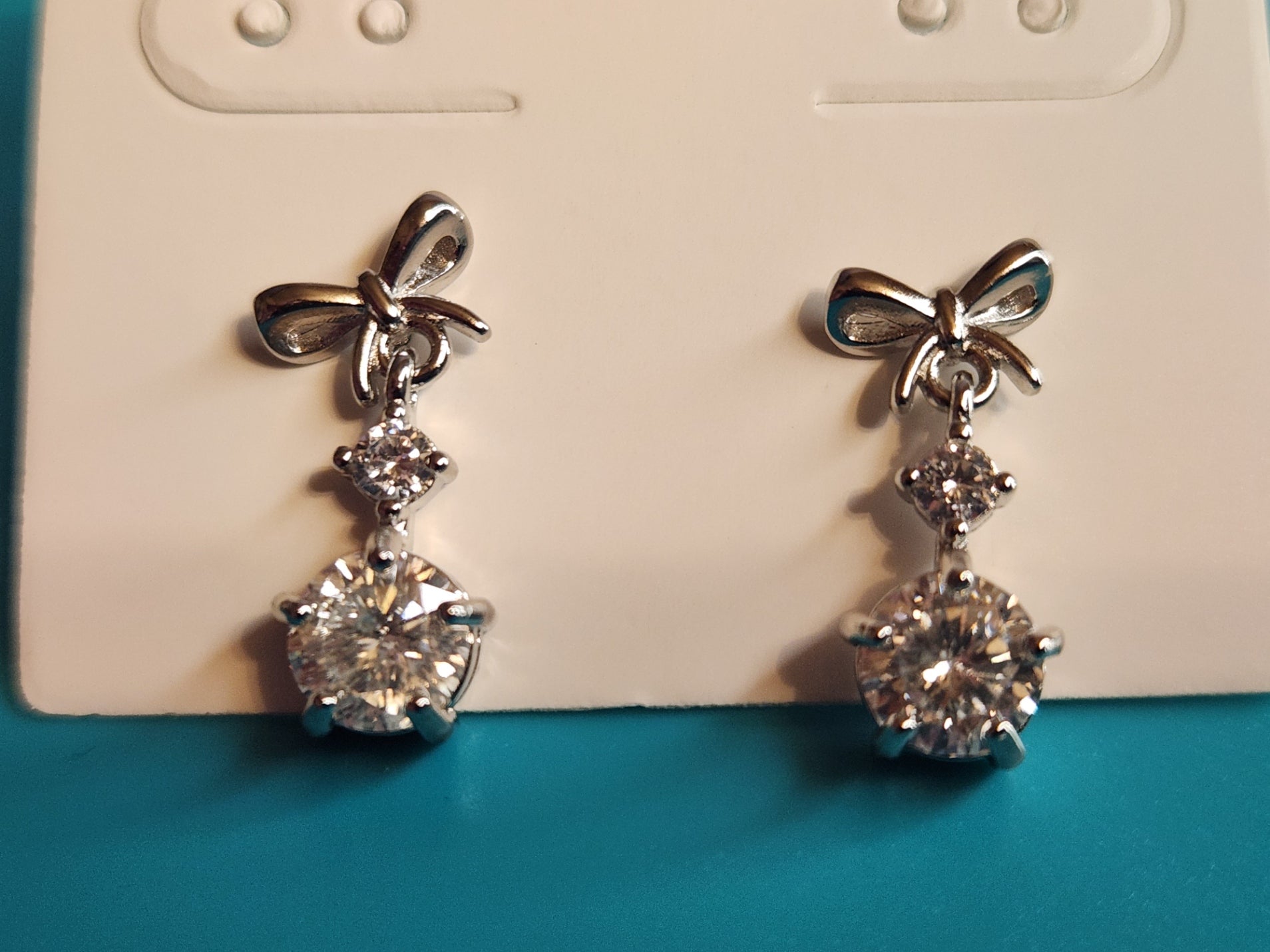 Moissanite Bow Studs with Dangles- Silver Plated Earrings