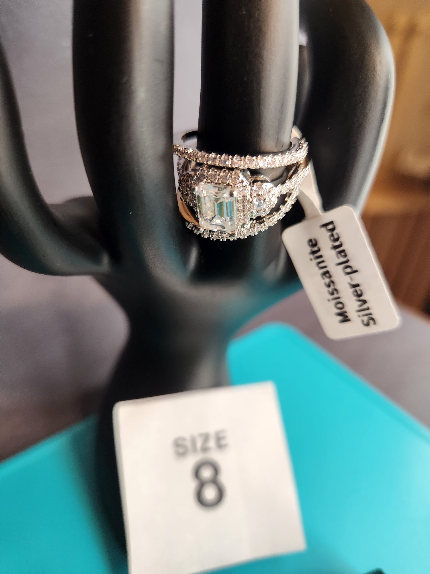 Moissanite Three Band Set, Size 8, Silver Plated