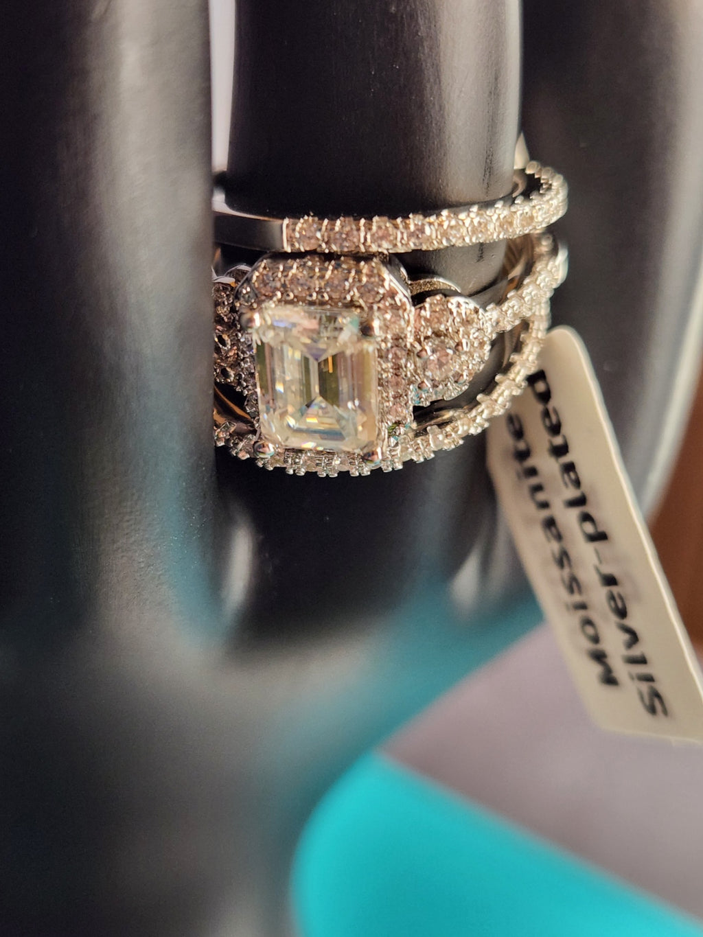 Moissanite Three Band Set, Size 8, Silver Plated