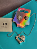 Moissanite Flower Studs with Heart Necklace Combo- Silver Plated Earrings and Necklace