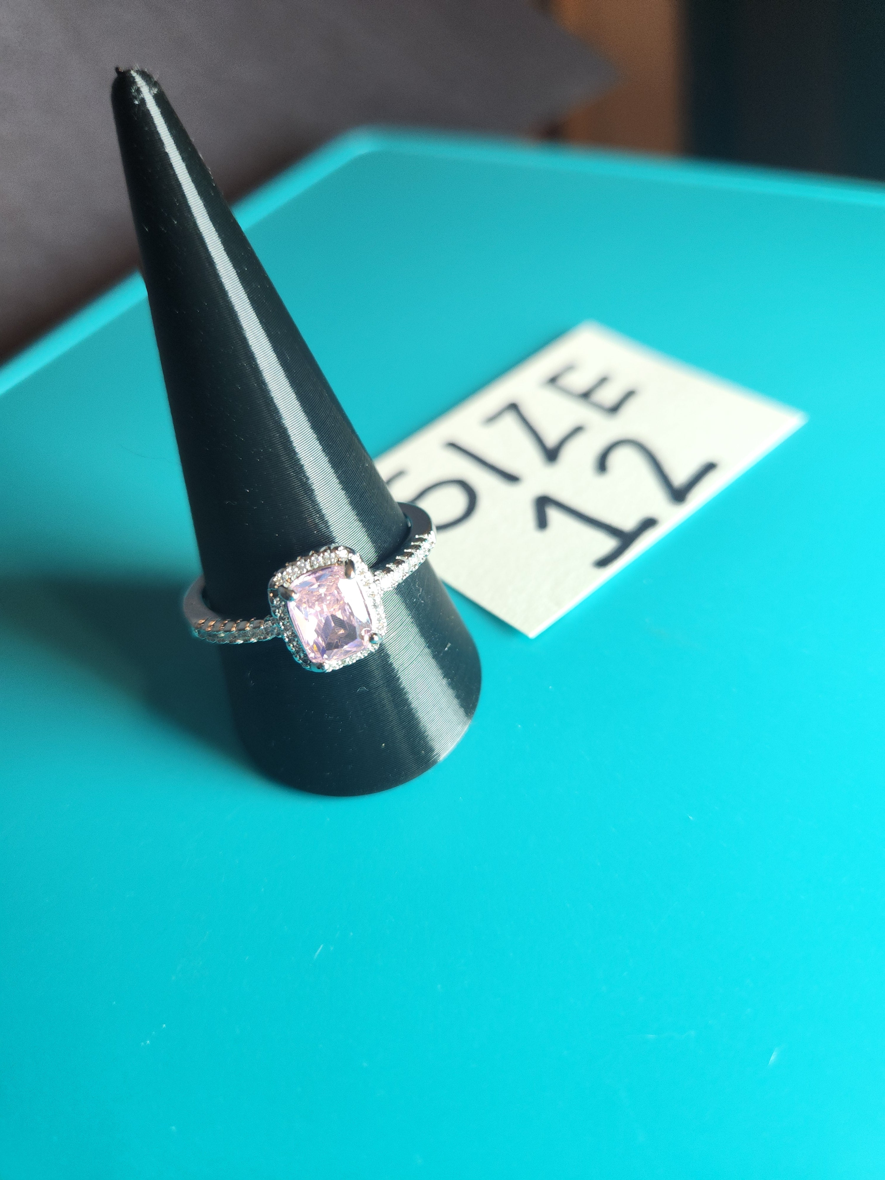 Stainless Steel Radiant Pink Gemstone Halo Ring – Size 12