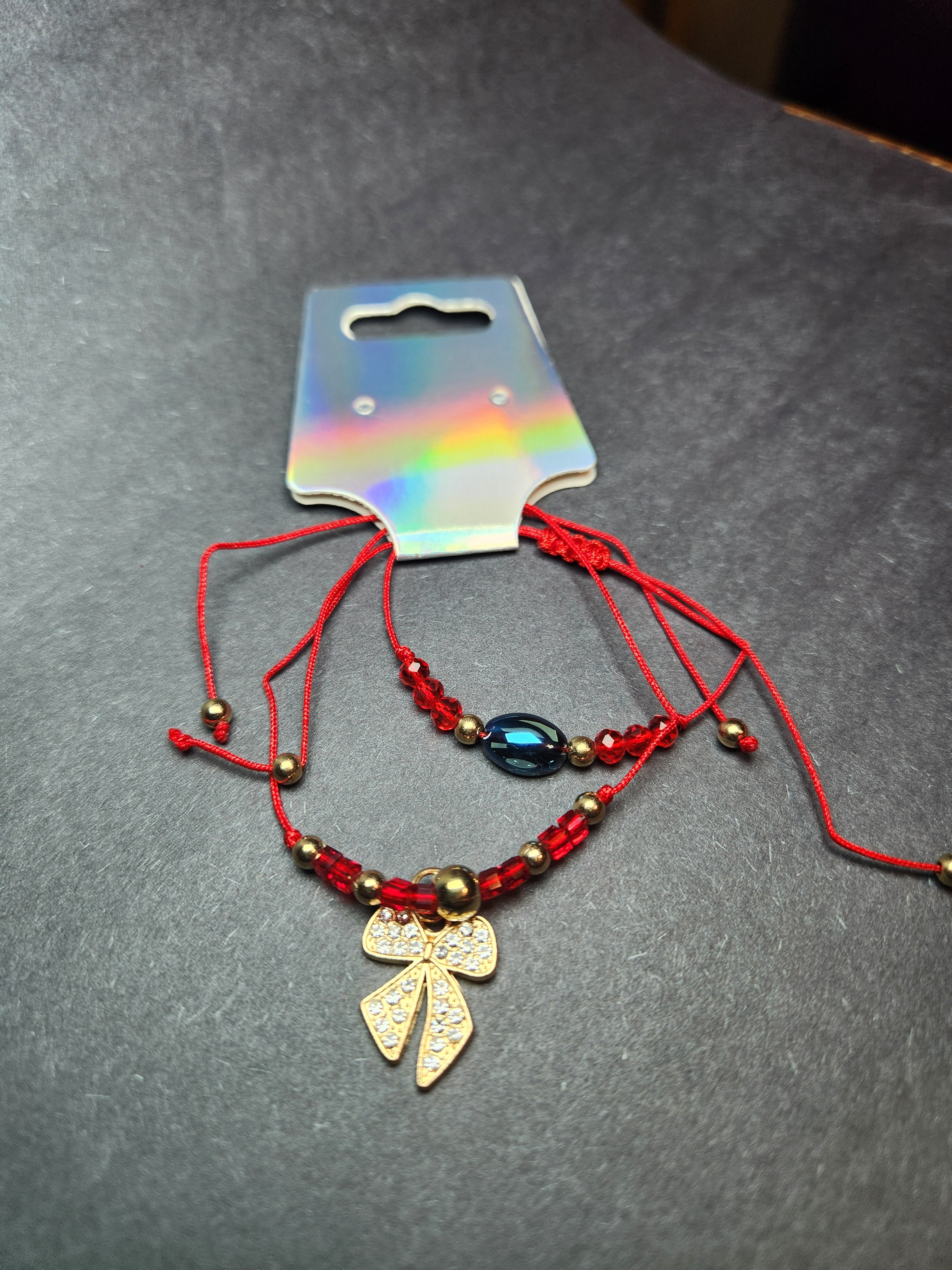 Adjustable Crimson & Gold Bow Charm Bracelet Set