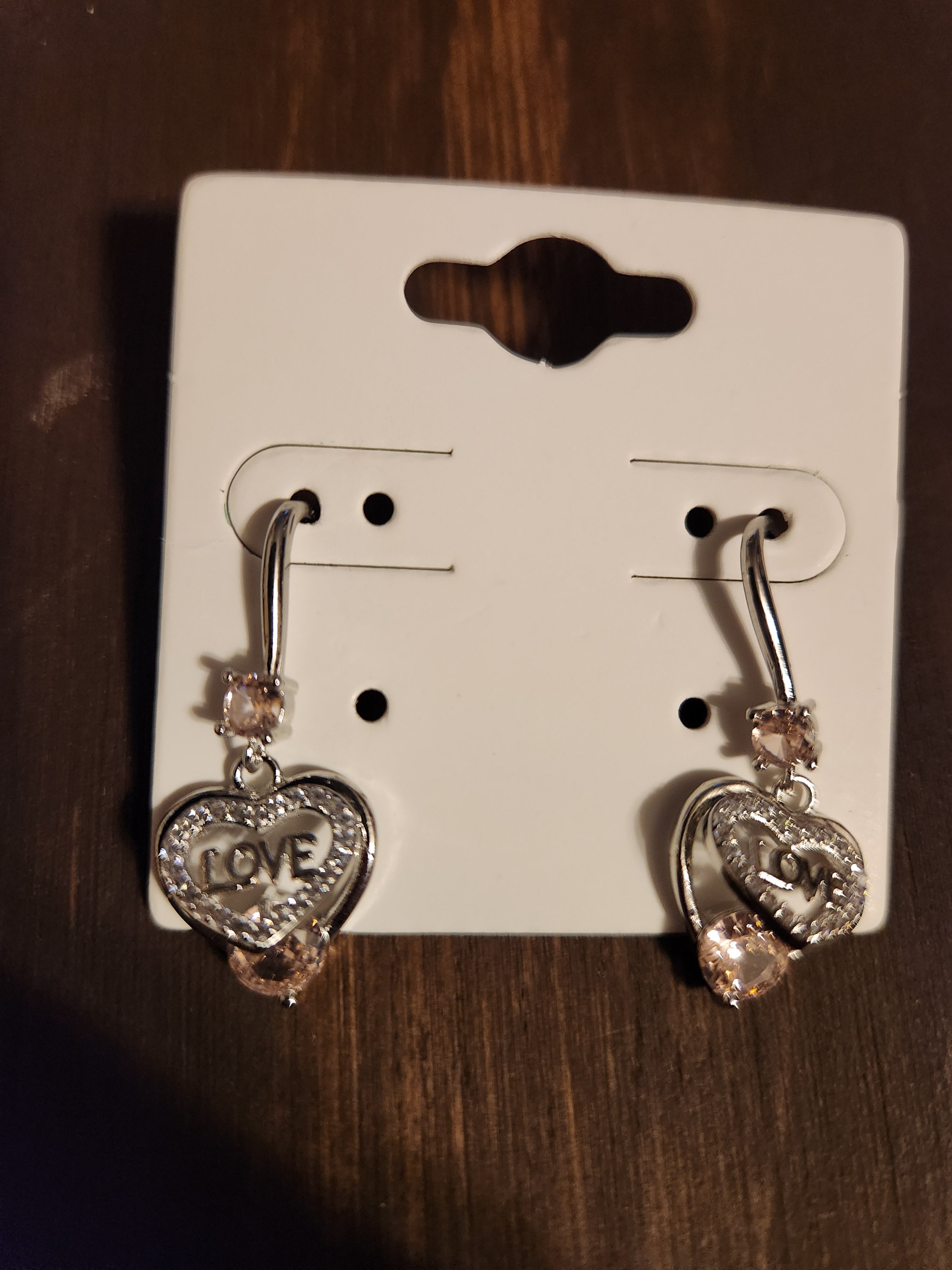Silver "Love" Inscribed Crystal Heart Drop Earrings