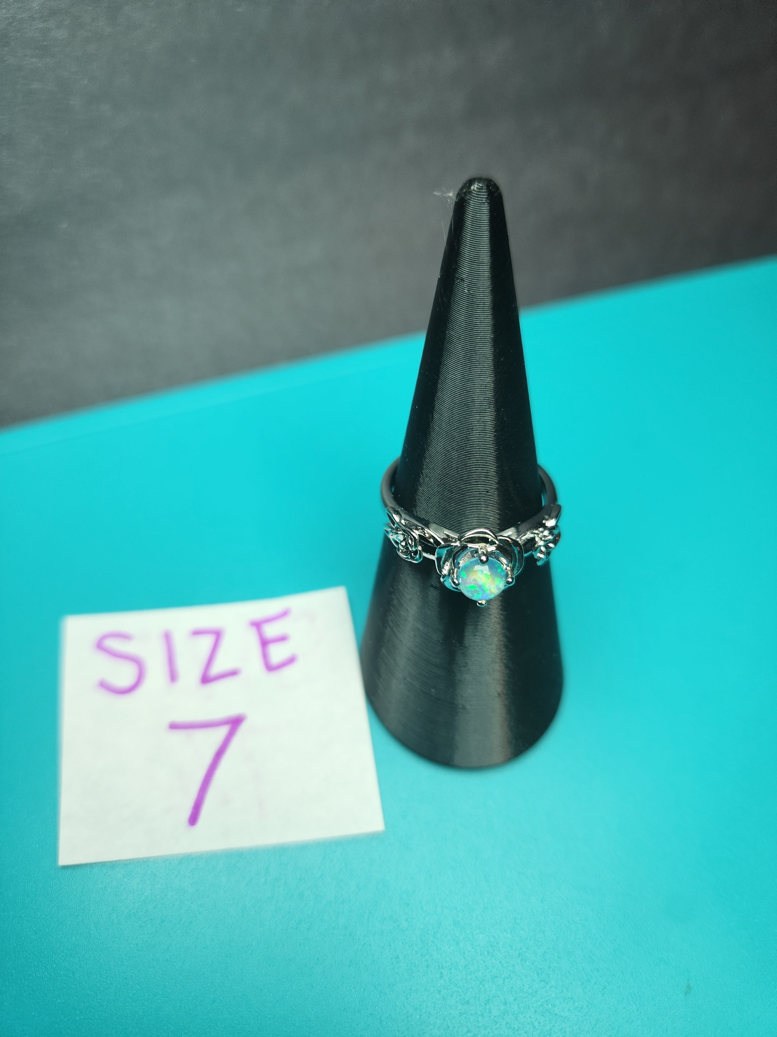 Light Blue Opal Rose Filigree Size 7 Stainless Steel