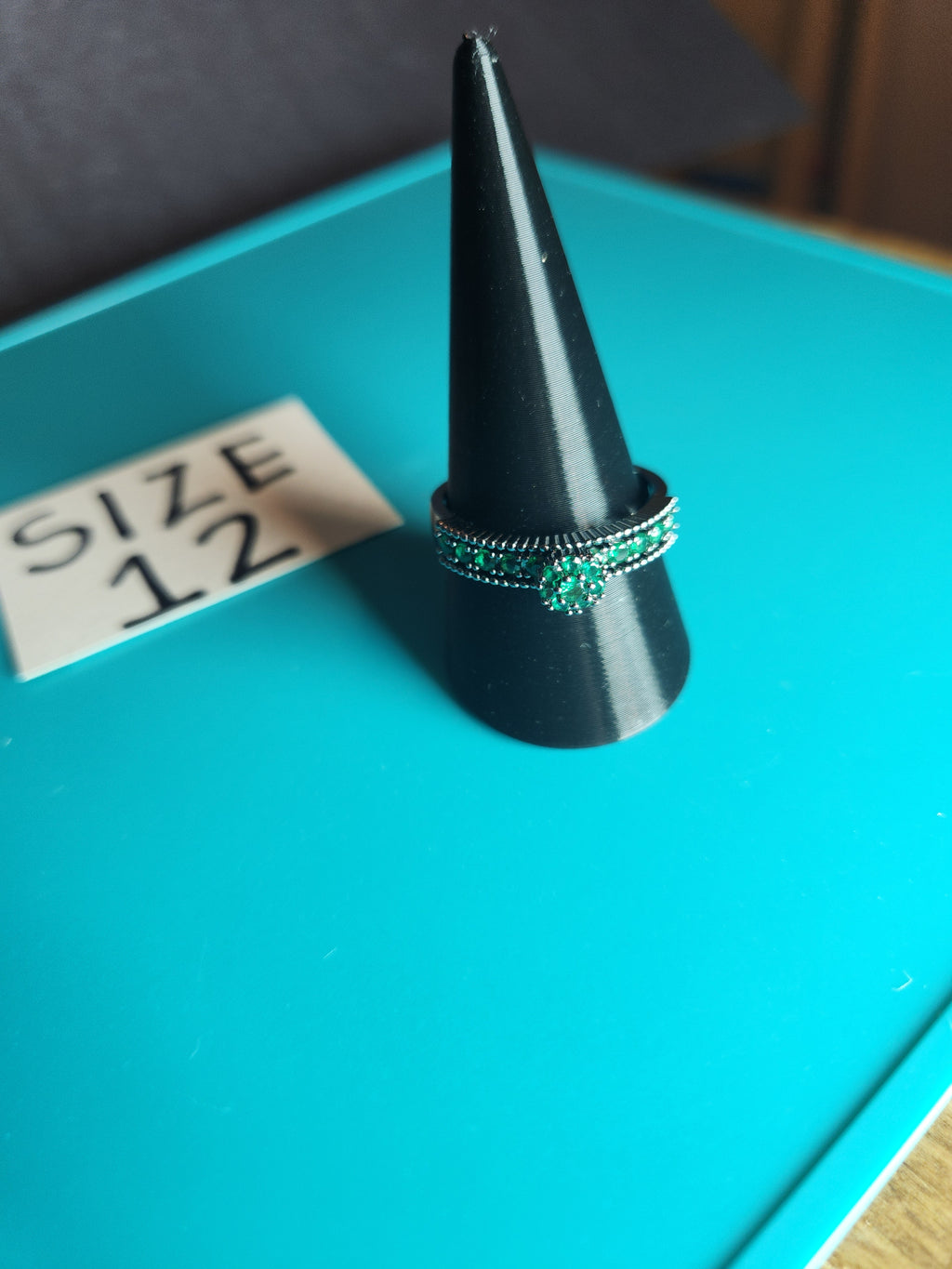 Silver-Toned Stainless Steel Green Cluster Ring – Size 12
