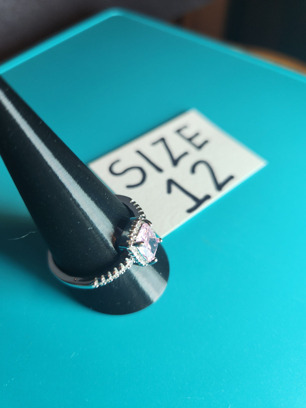 Stainless Steel Radiant Pink Gemstone Halo Ring – Size 12