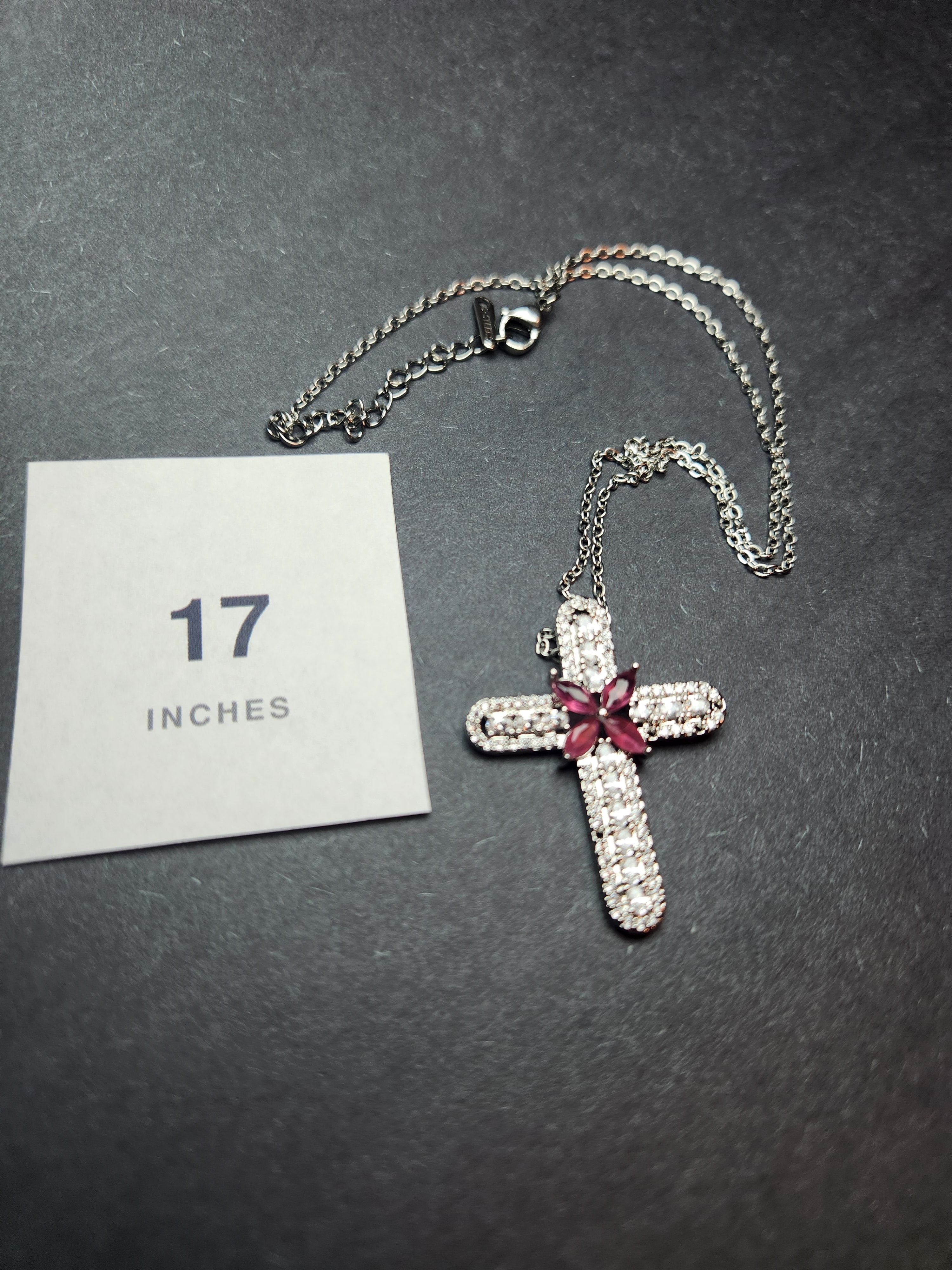 17" Ruby-Toned Floral Accent Pavé Cross Necklace