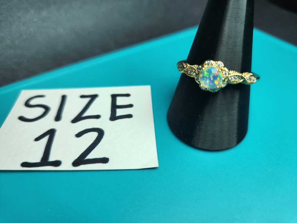 Size 12 White Fire Opal Ring | Gold Stainless Steel Vintage Twist Band Statement Ring