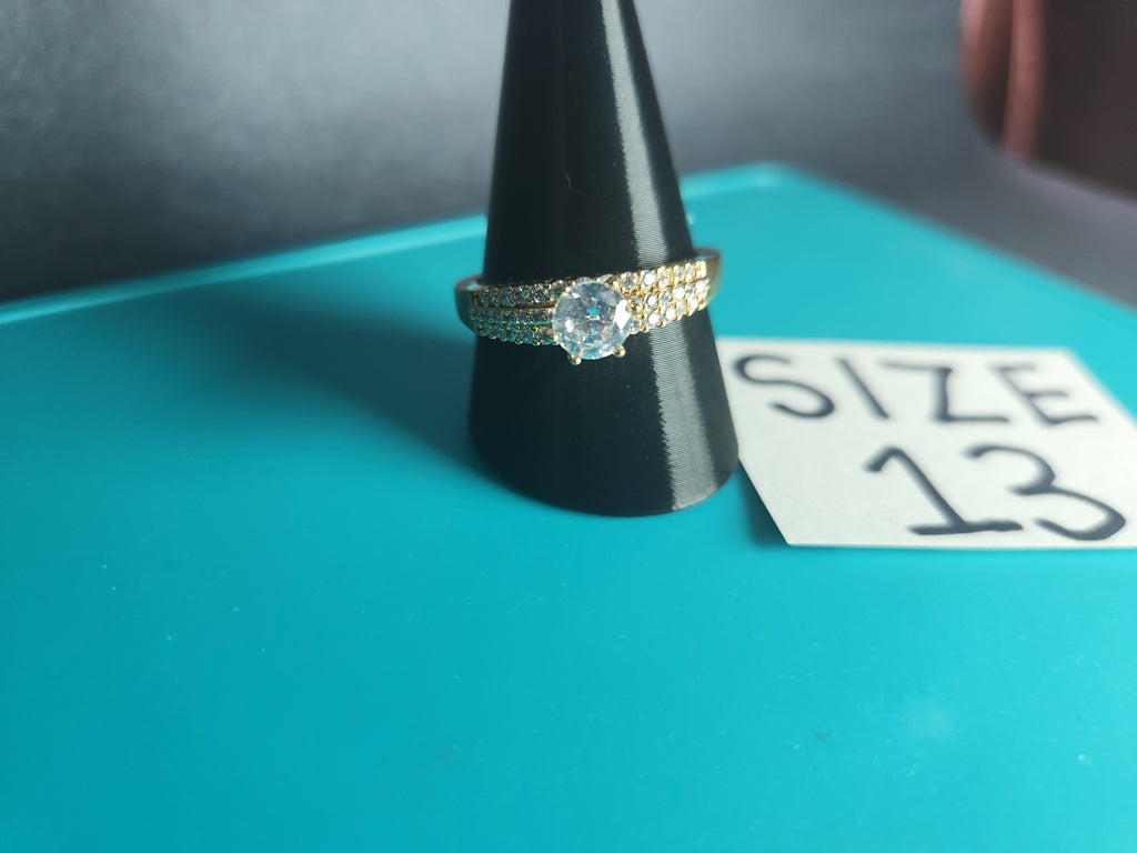 Size 13 Gold Stainless Steel Round Solitaire Wide Pavé Ring