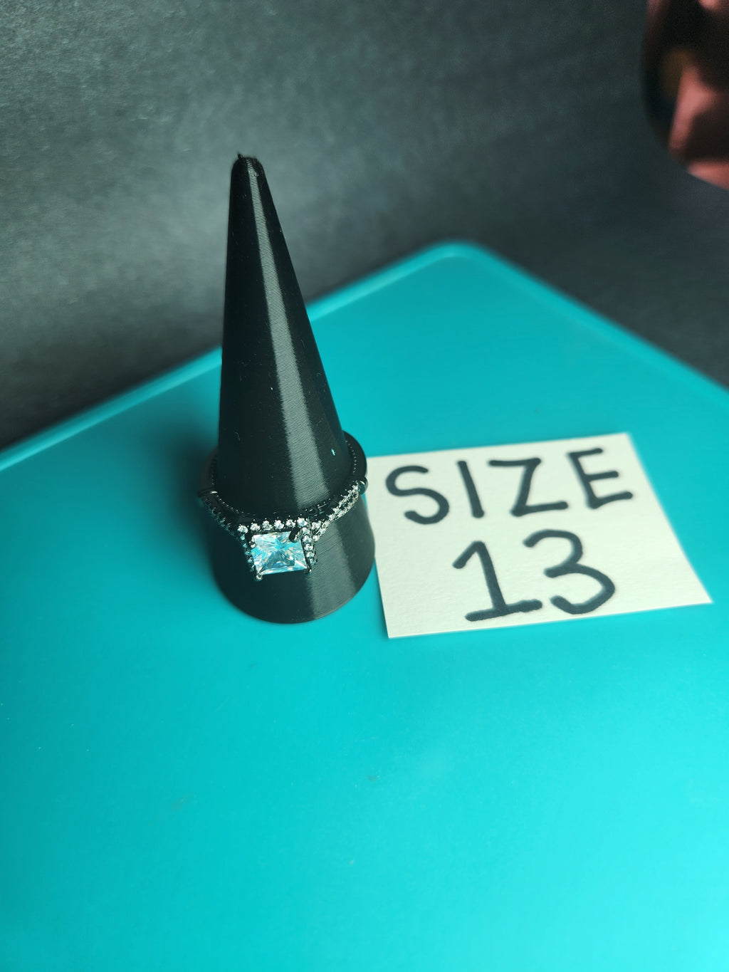 Size 13 Black Stainless Steel Cushion-Cut Ice Blue Halo Ring