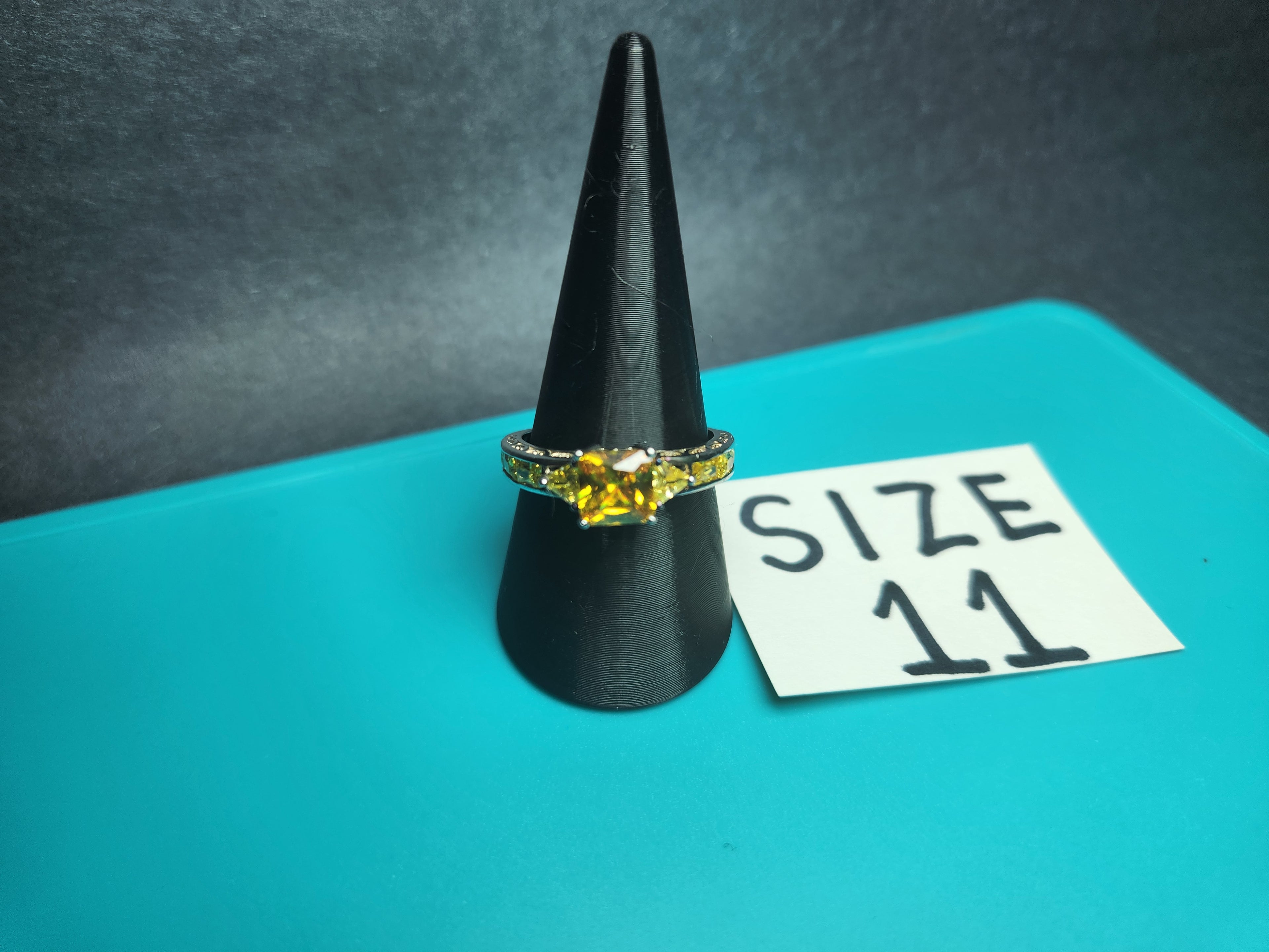 Canary Yellow Crystal Three-Stone Ring – Stainless Steel Statement Band, Size 11