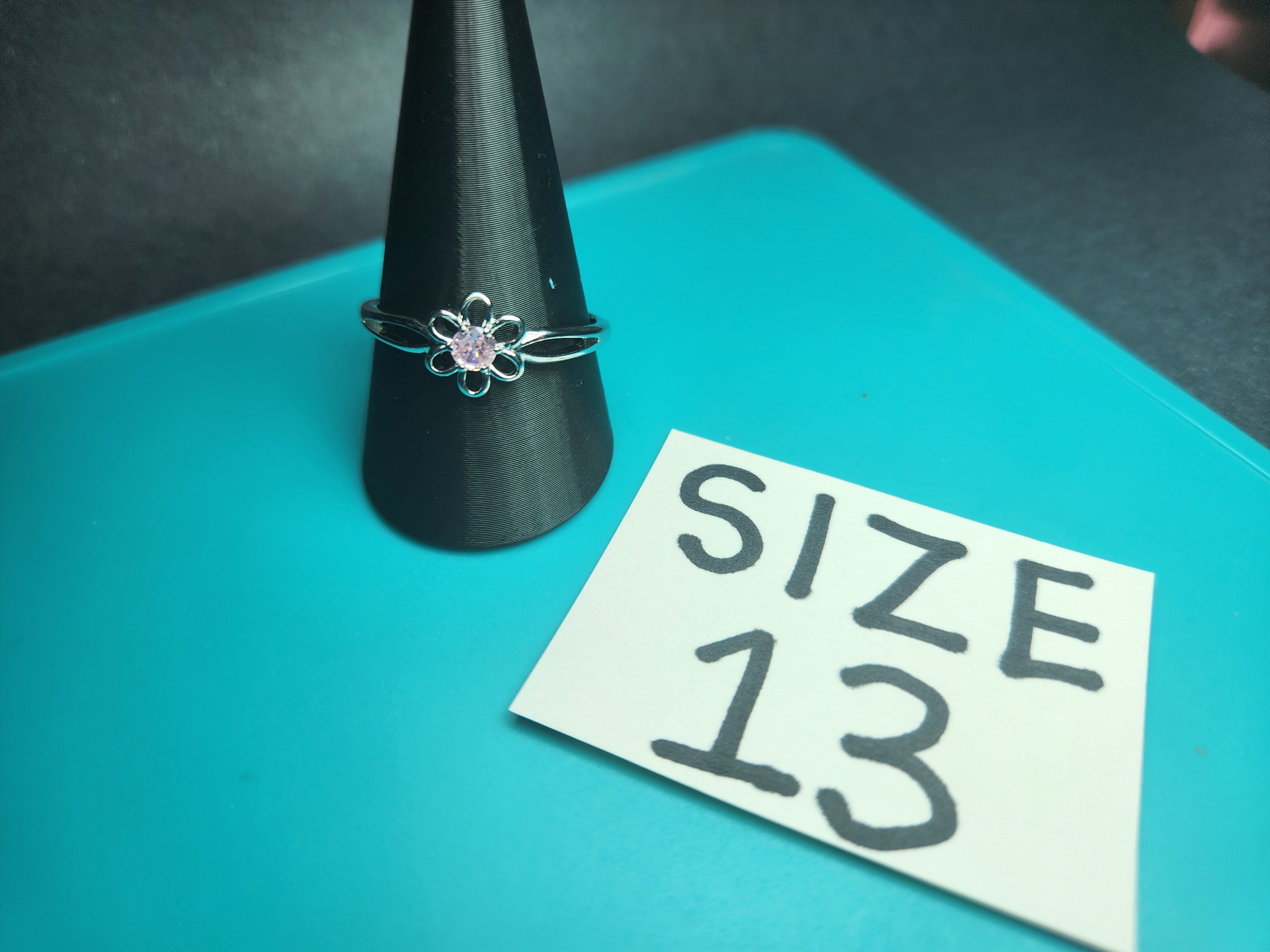 Size 13 Silver Stainless Steel Dainty Flower Ring with Pink Crystal