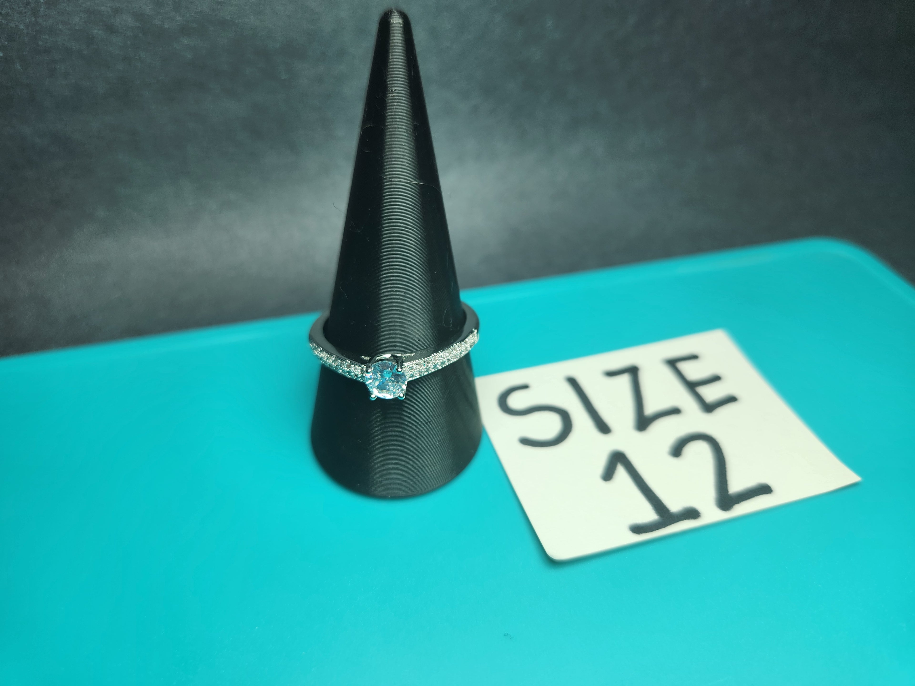 Classic Round Solitaire Crystal Ring – Elegant Pave Accent Stainless Steel Band, Size 12