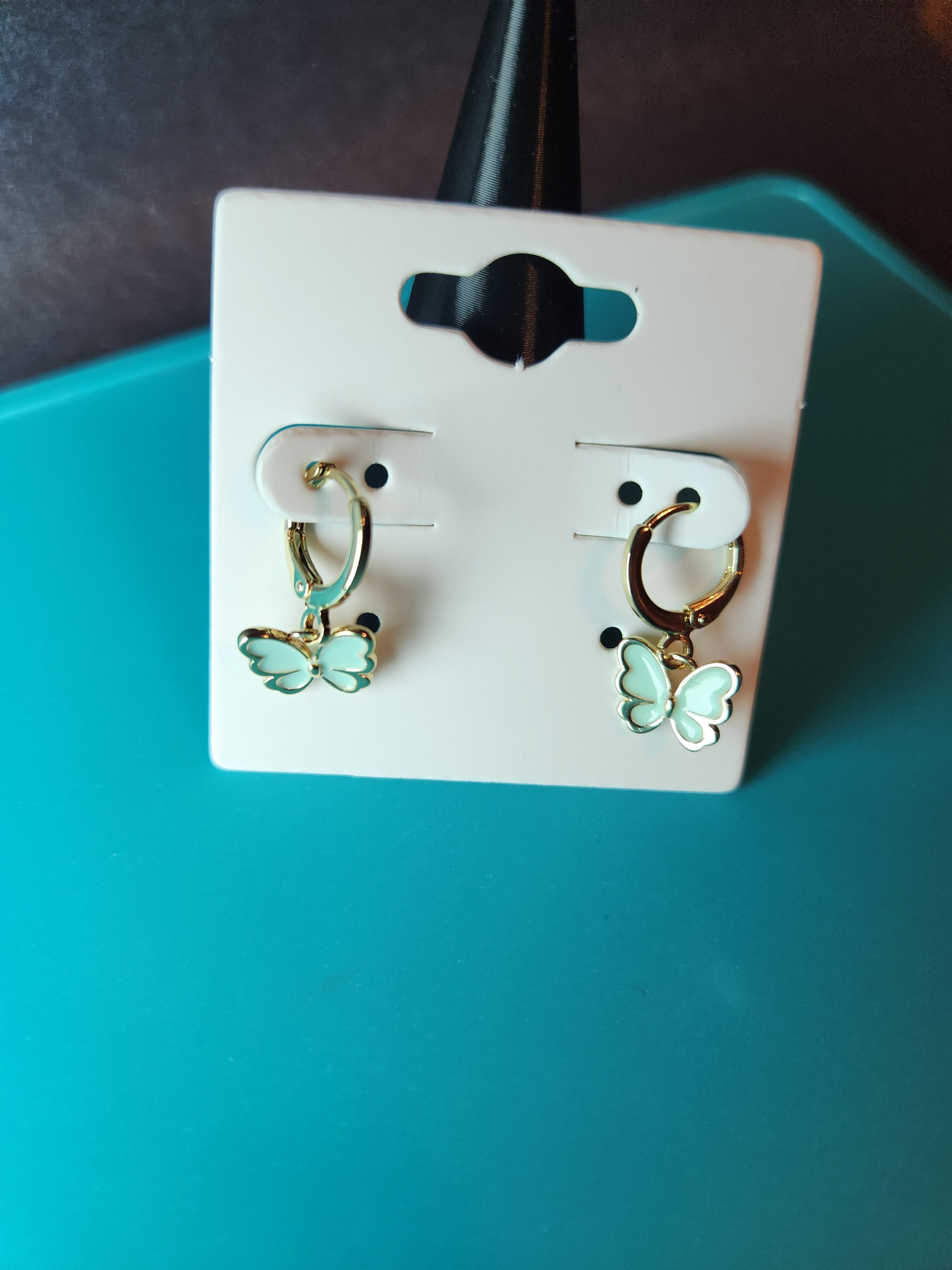 Golden Huggie Hoops with Mint Green Enamel Butterfly Charms
