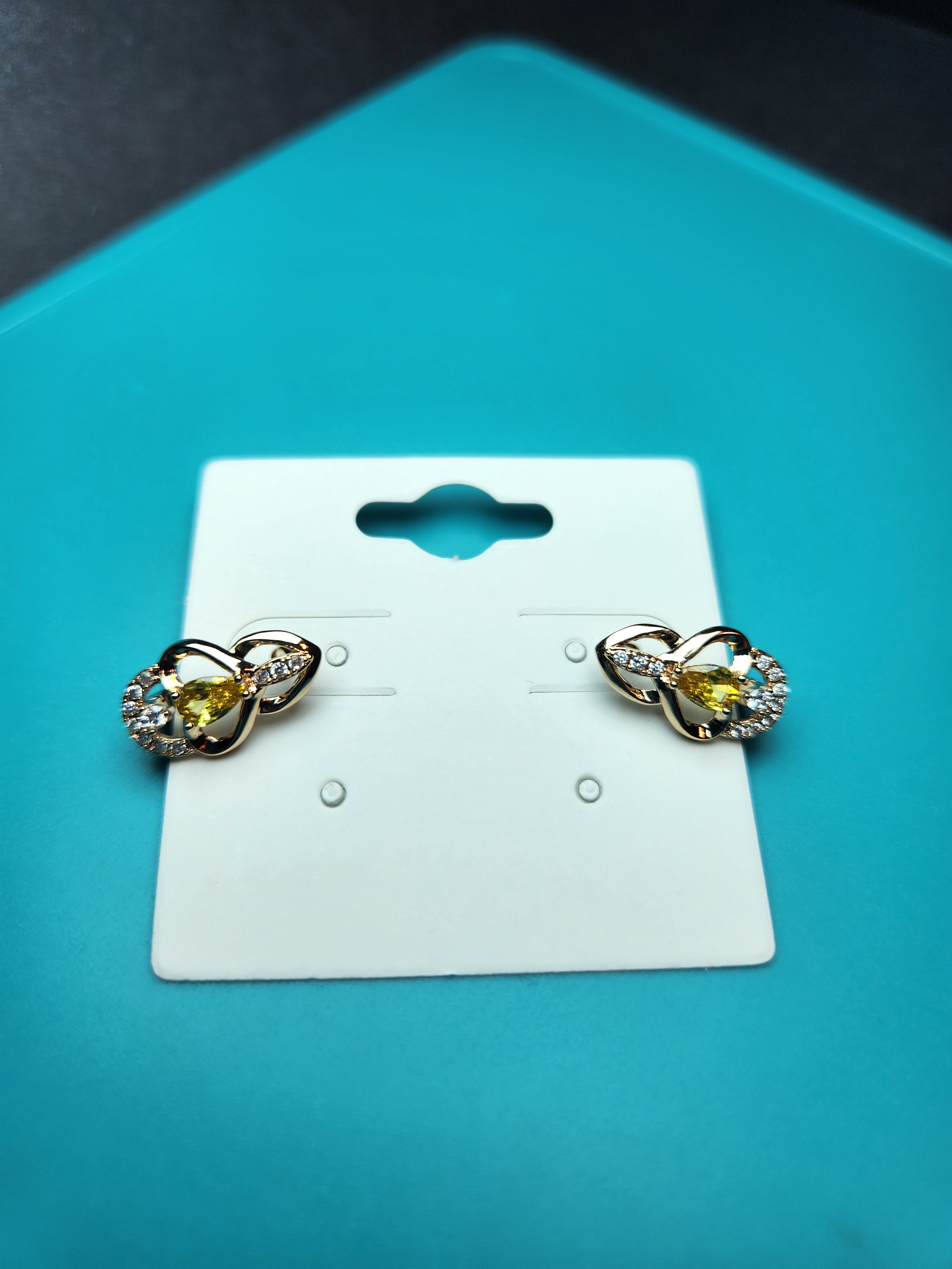 Golden Infinity Tear Stud Earrings with Citrine-Yellow Accent