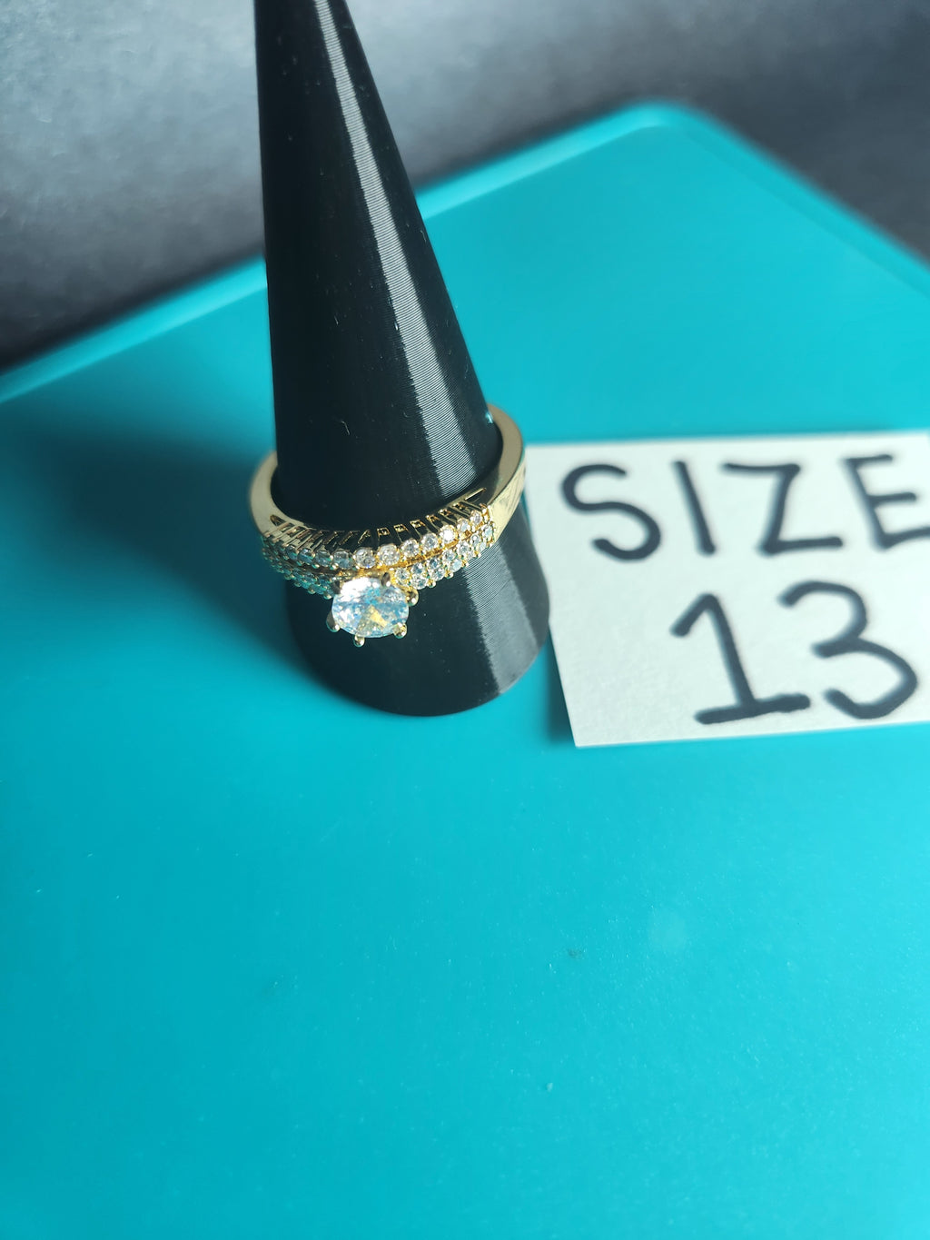 Size 13 Gold Stainless Steel Round Solitaire Wide Pavé Ring