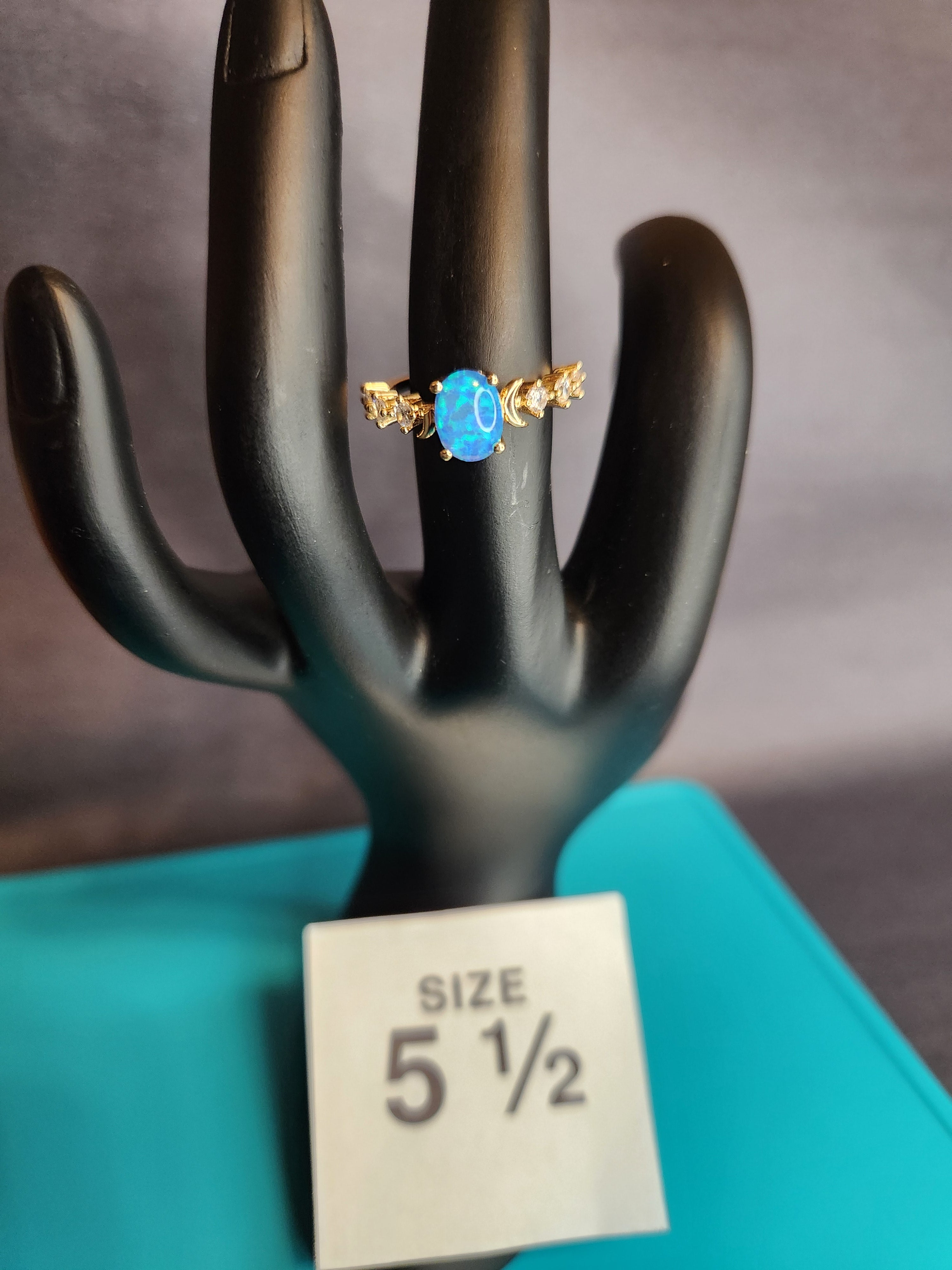 Blue Opal With Moon and Stars, Size 5.5, Stainless Steel
