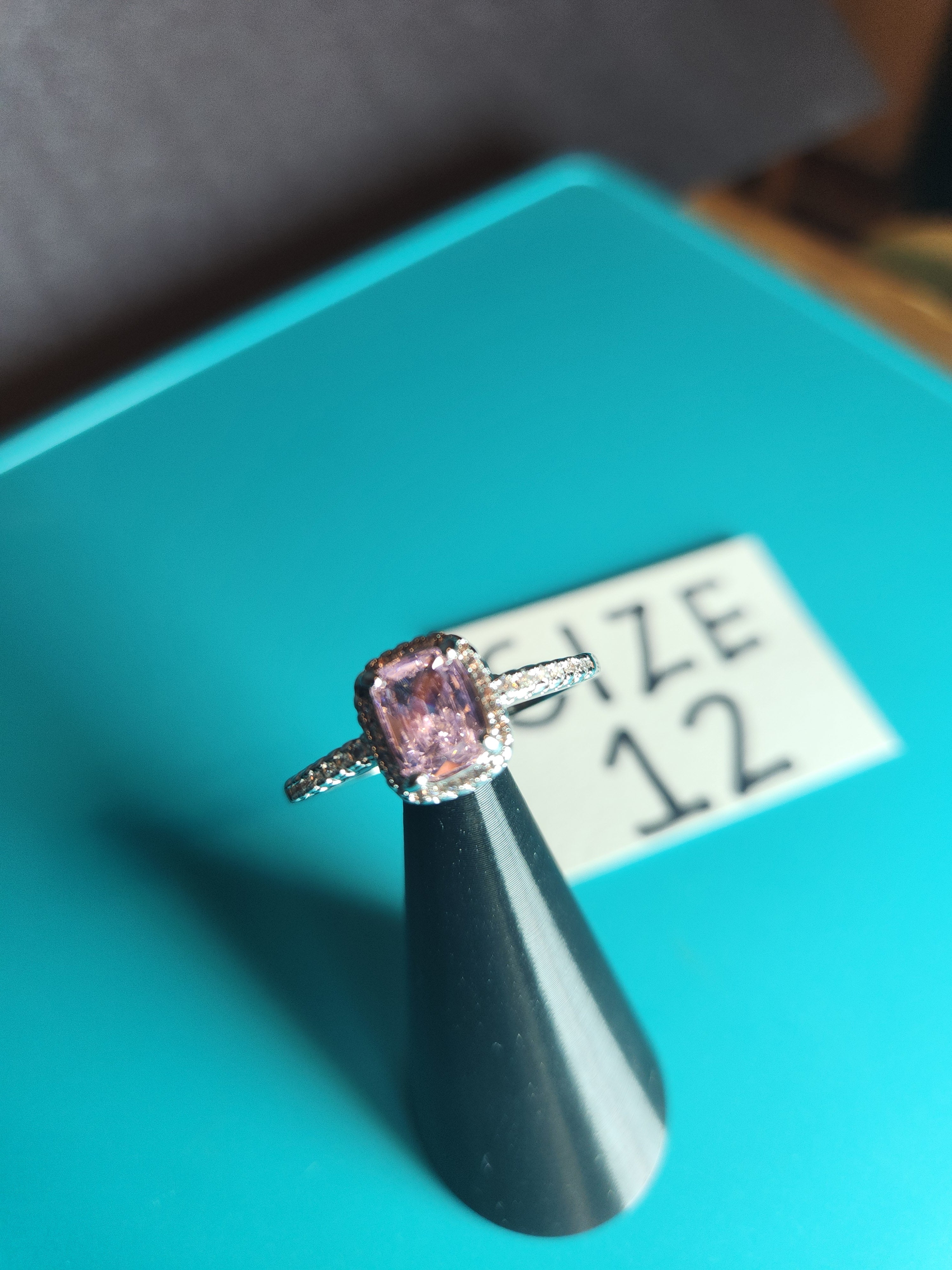 Stainless Steel Radiant Pink Gemstone Halo Ring – Size 12