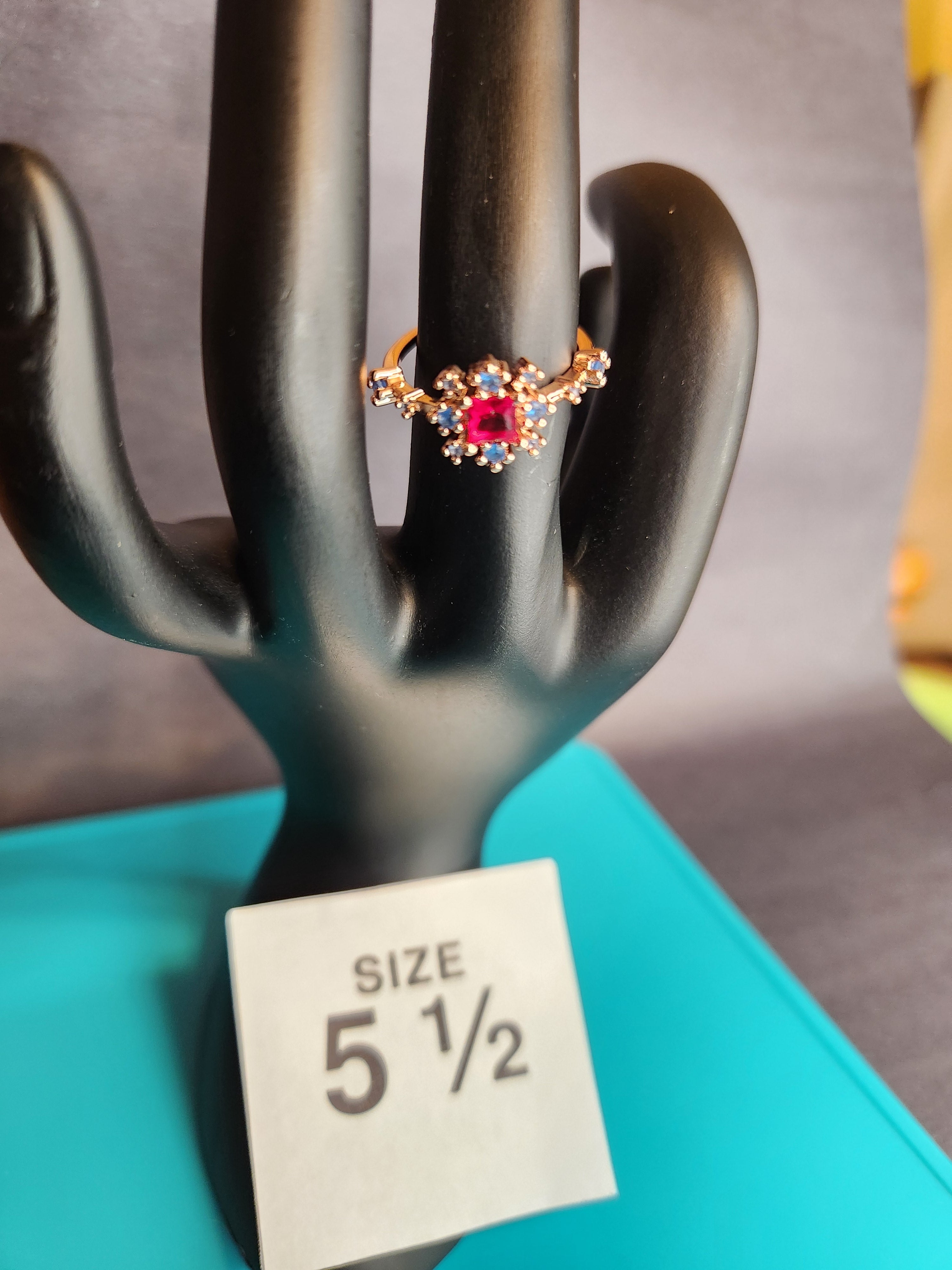 Red Stone with Blue Floral Halo, Size 5.5, Stainless Steel