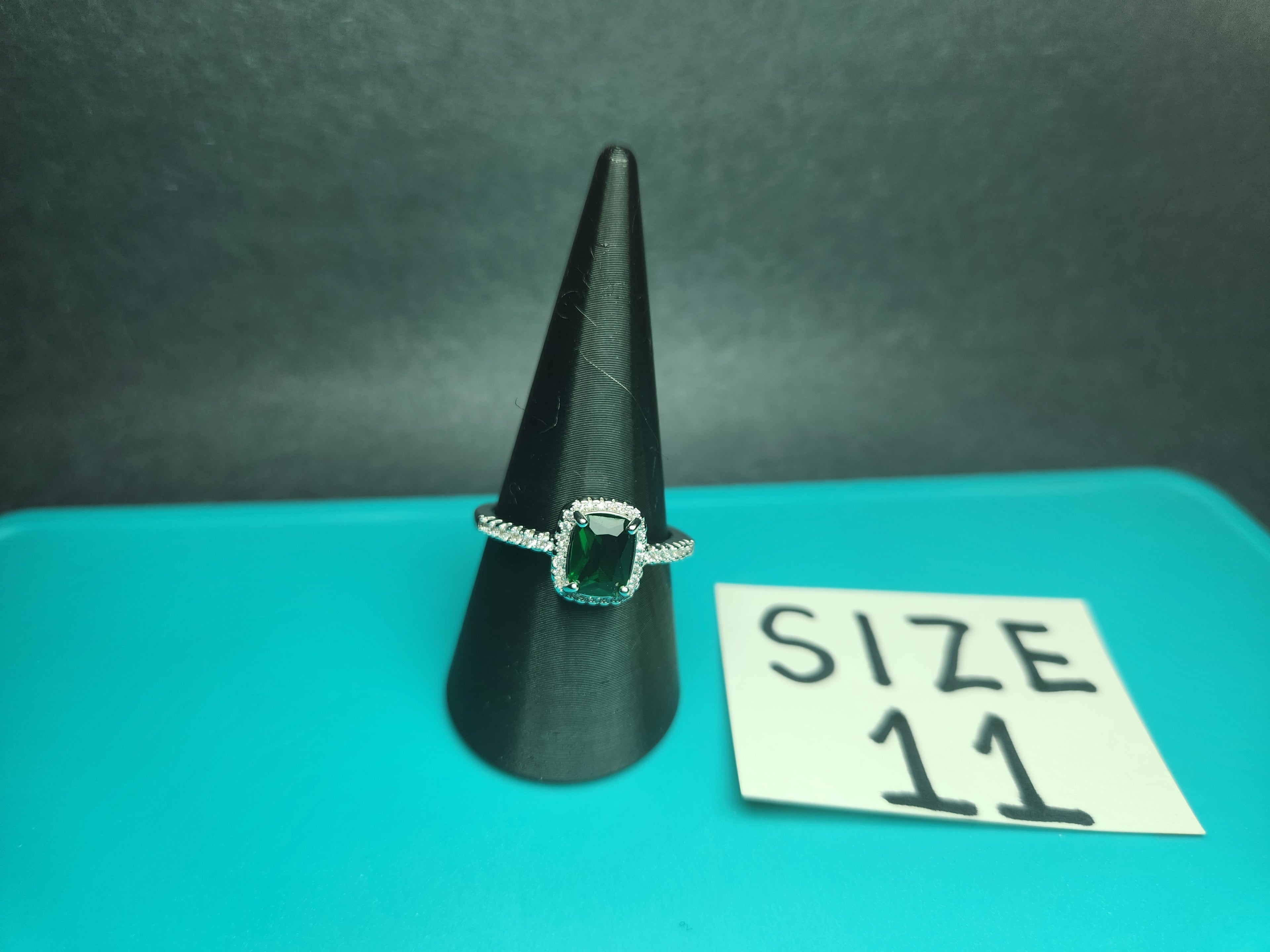 Radiant Emerald Green Halo Cocktail Ring – Stainless Steel Pave Statement Ring, Size 11