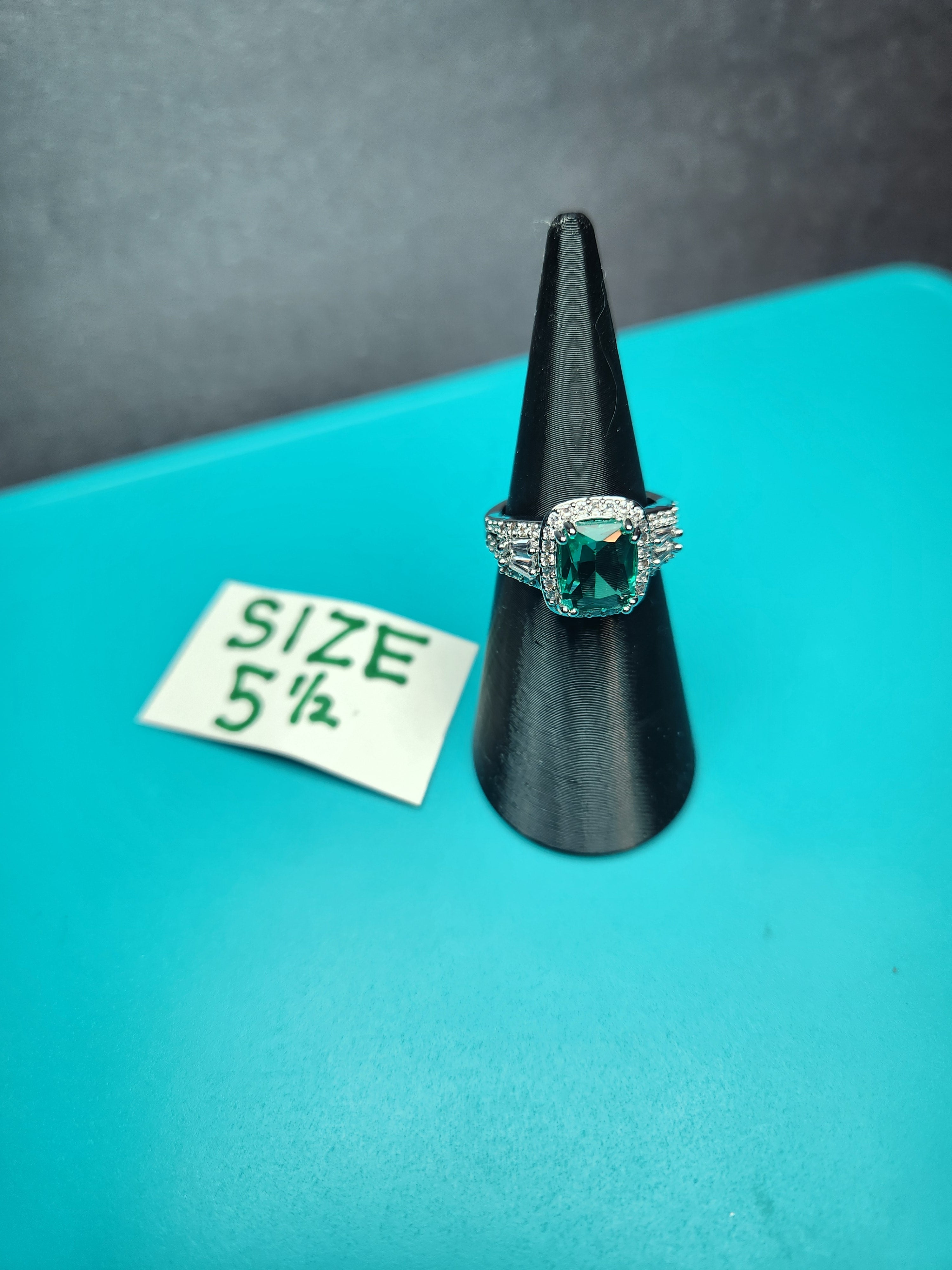 Ocean Colored Gem, Cushion Cut Statement Ring in Stainless Steel, Size 5 1/2