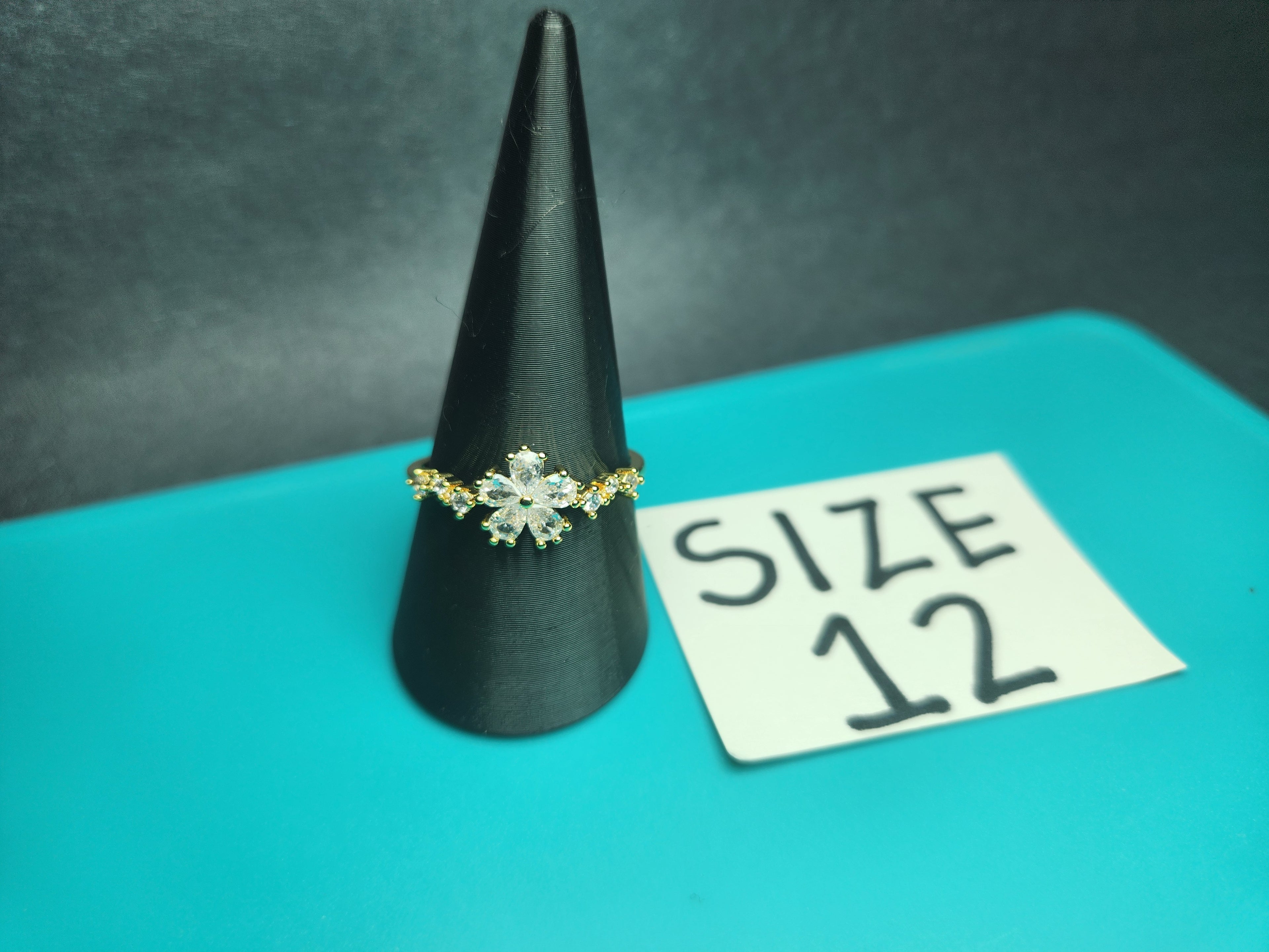 Delicate Marquise Crystal Flower Ring – Gold-Tone Floral Stainless Steel Band, Size 12