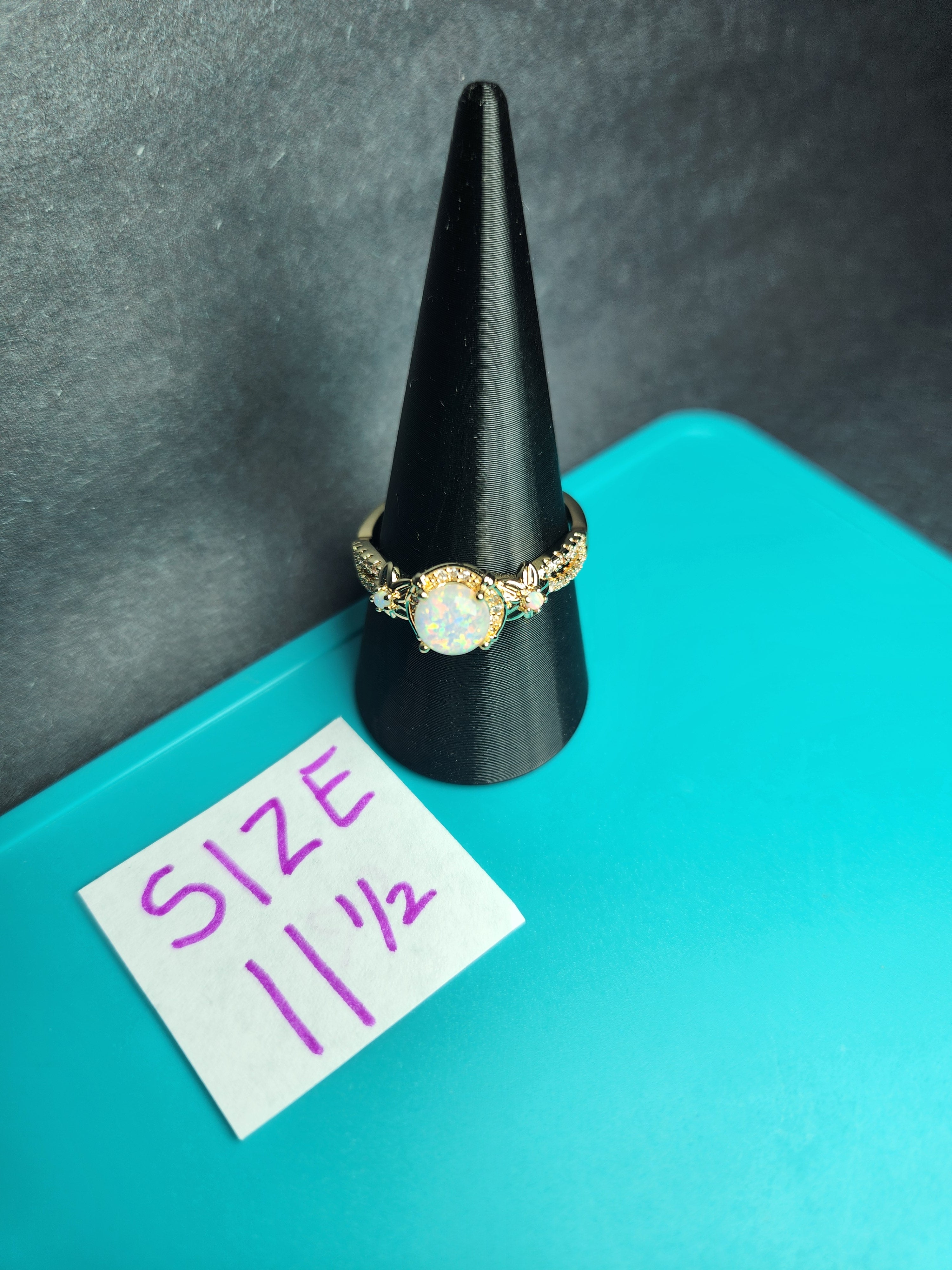 White Fire Opal Gold Botanical Ring - Size 11.5 Stainless Steel