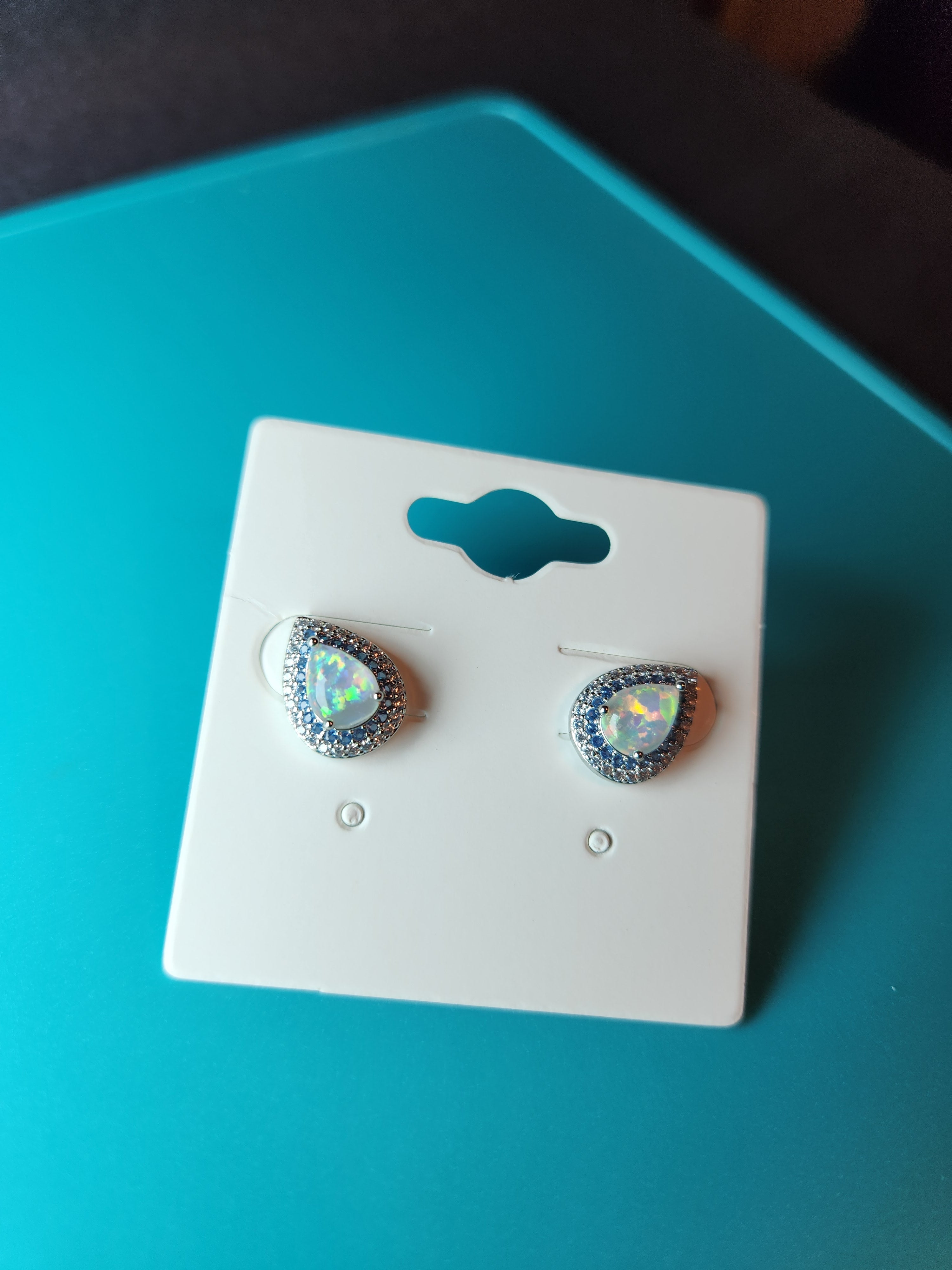 Tear-Cut White Fire Opal Halo Stud Earrings